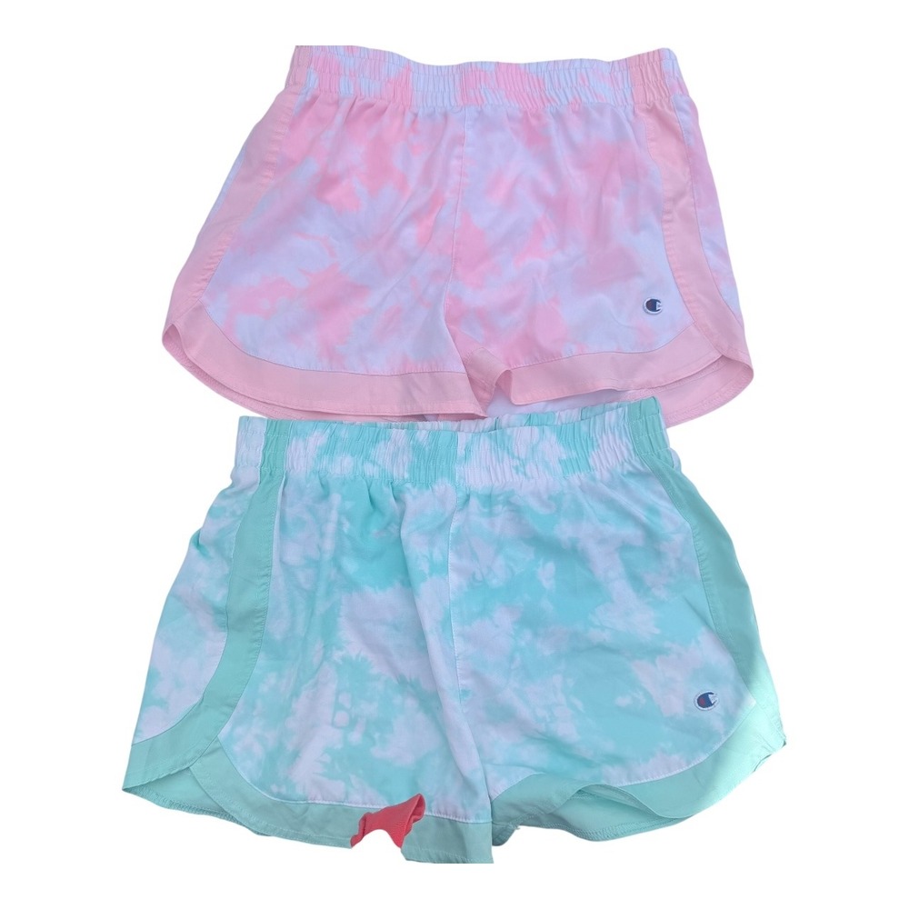 Champion Tie Dye Running Shorts Large girls Pink Teal Polyester Set of 2 Sporty